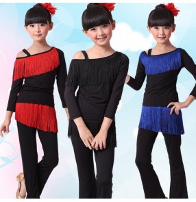Black red royal blue patchwork fringes long sleeves girls kids children toddlers gymnastics performance competition latin dance dresses costumes outfits
